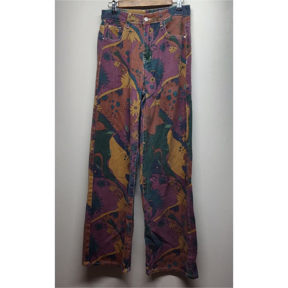 Retro Hippie Floral Jeans Women M Maroon Wide Leg Boho Y2K Dopamine Maximalist